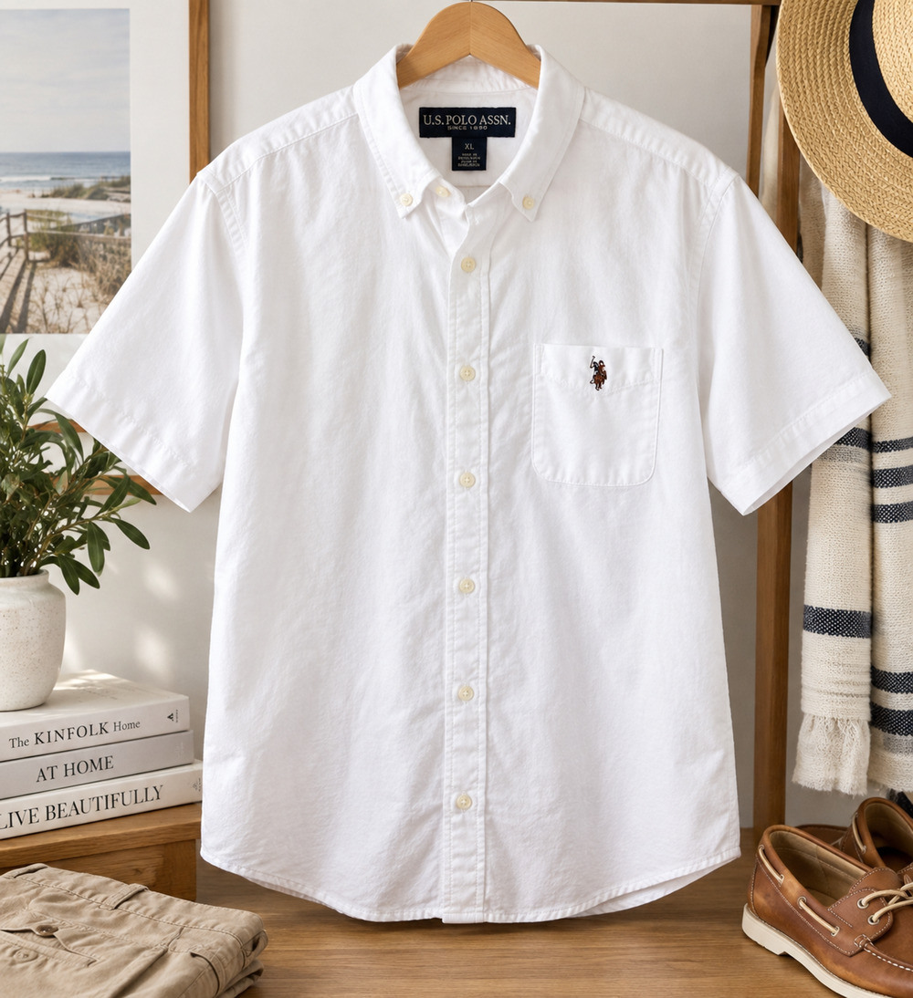 U.S. Polo Assn Mens XL White Oxford Shirt Short Sleeve Button Down Preppy Logo